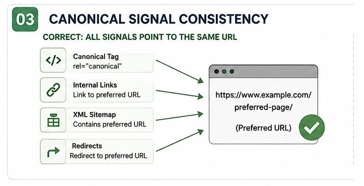Consistent canonical signals from canonical tags, internal links, XML sitemaps, and redirects