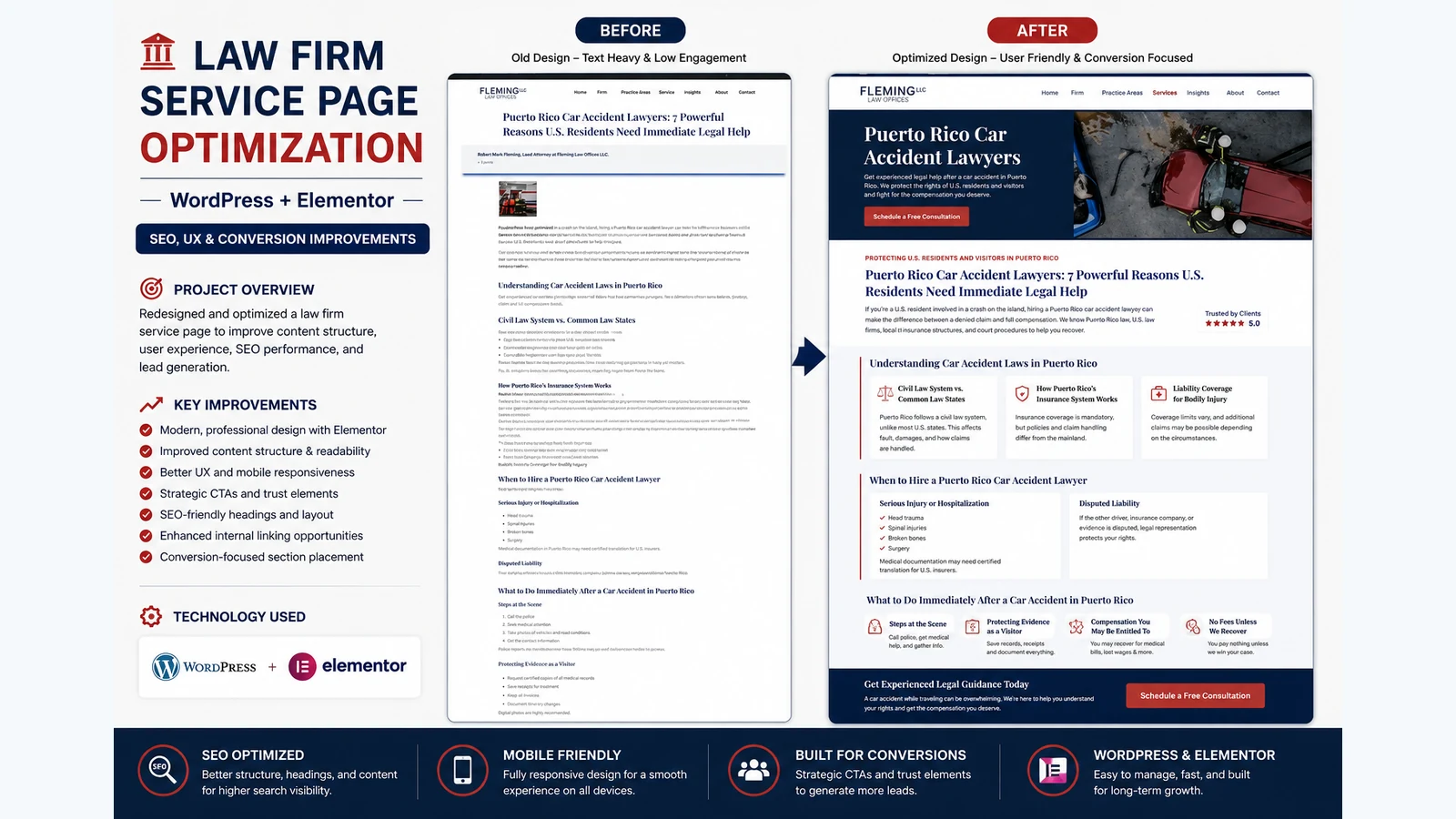 Law firm WordPress and Elementor service page optimization