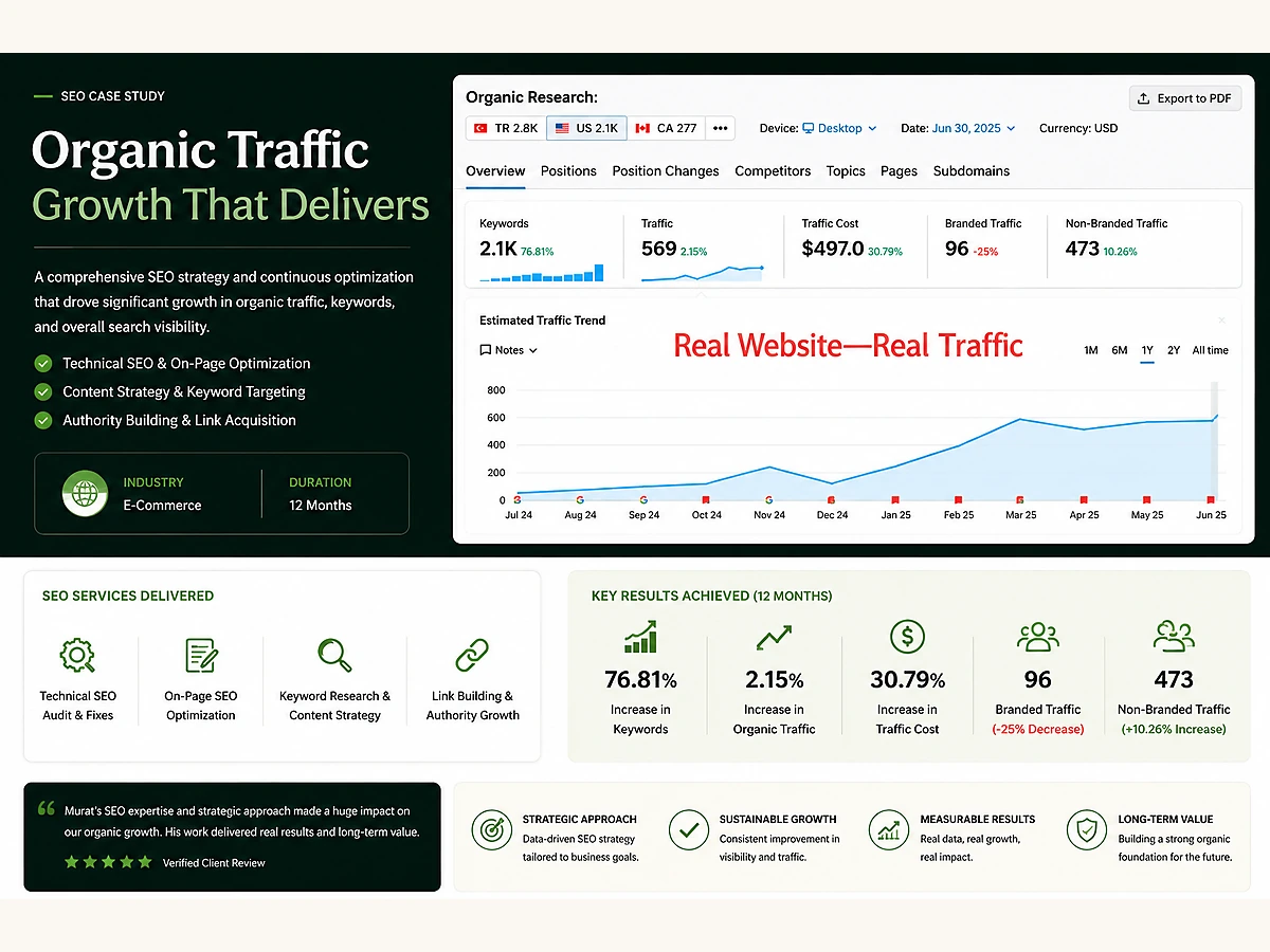 Organic traffic growth case study showing search visibility and traffic results