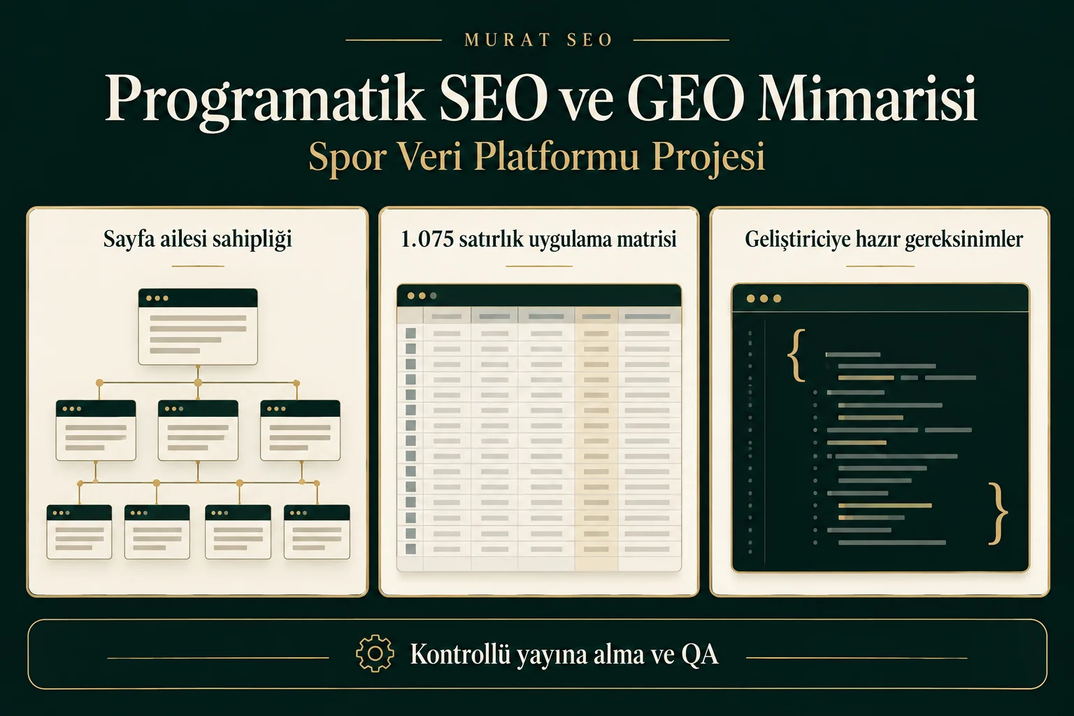 Sayfa ailesi sahipliğini, uygulama matrisini ve geliştirici gereksinimlerini gösteren Programatik SEO ve GEO proje görseli
