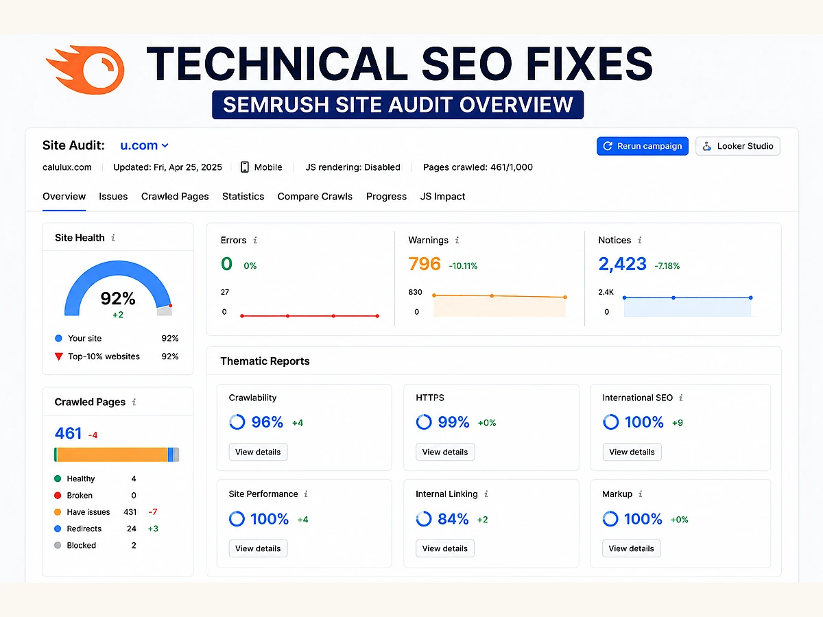 Technical SEO fixes case study showing Semrush site audit improvements