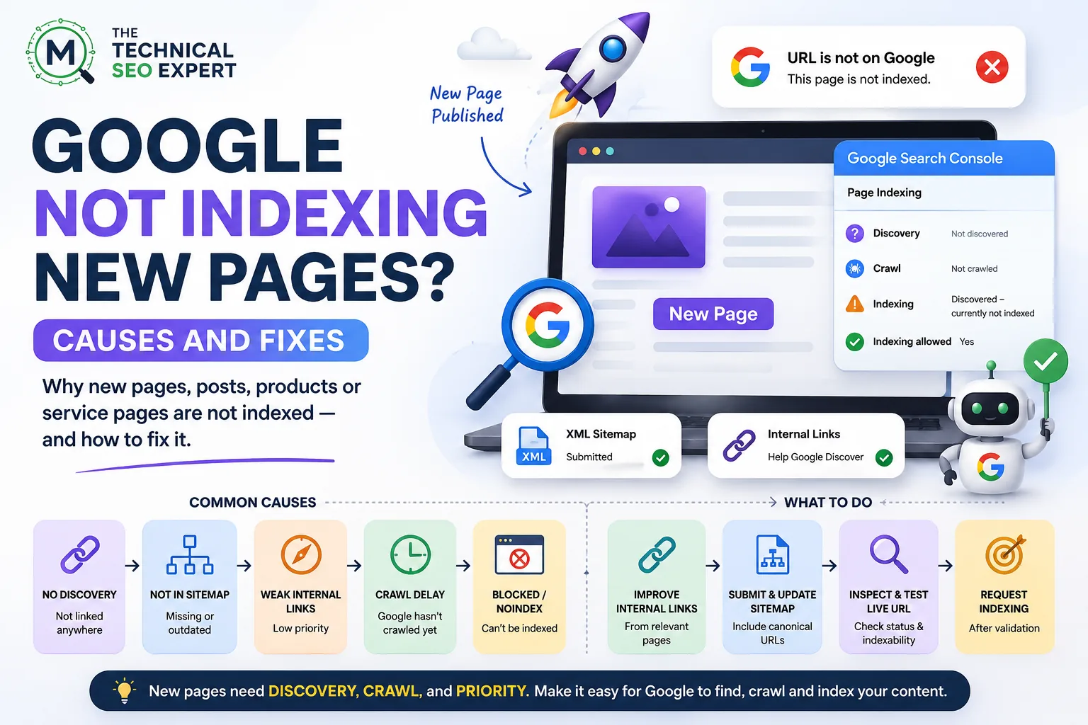 Google Search Console indexing report for a newly published page with discovery, sitemap, internal-link, crawl-priority, and request-indexing checks.