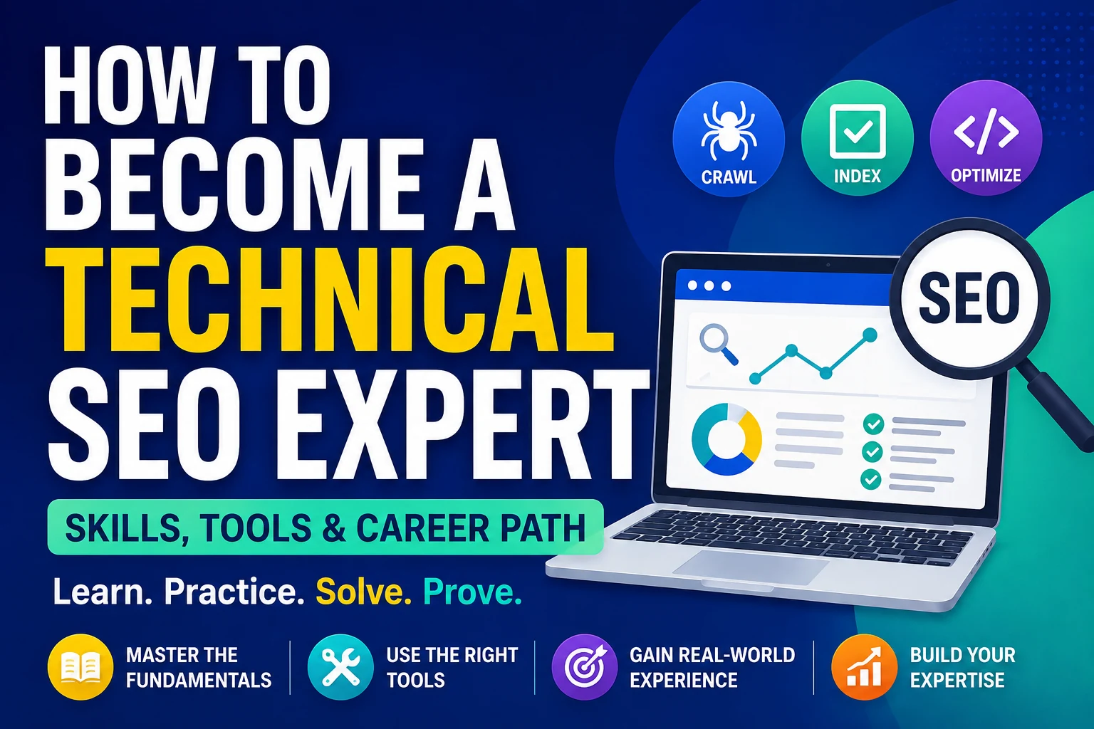 How to become a Technical SEO expert with skills, tools, crawl, index, optimize and career path steps.