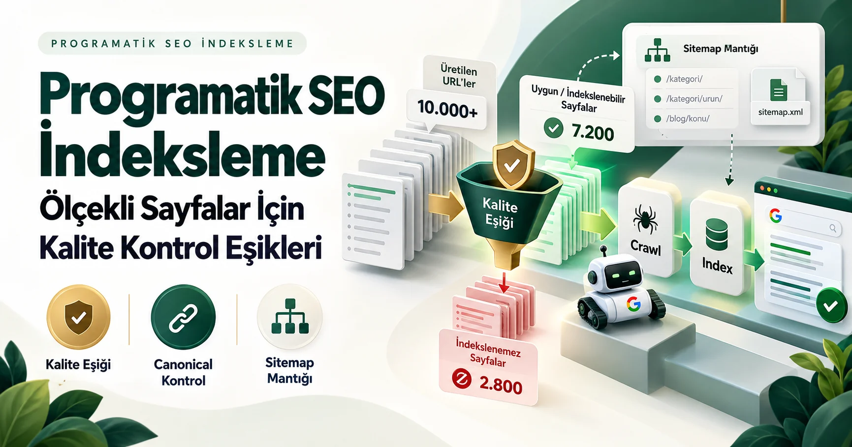 Üretilen URL’ler ile indekslenmeye uygun sayfaları ayıran örnek kalite kontrol şeması
