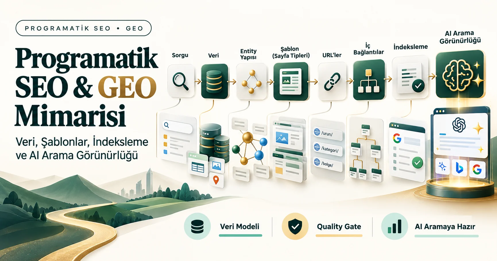 Veri, entity, şablon, URL, iç bağlantılar ve indeksleme katmanlarını gösteren Programatik SEO ve GEO mimarisi