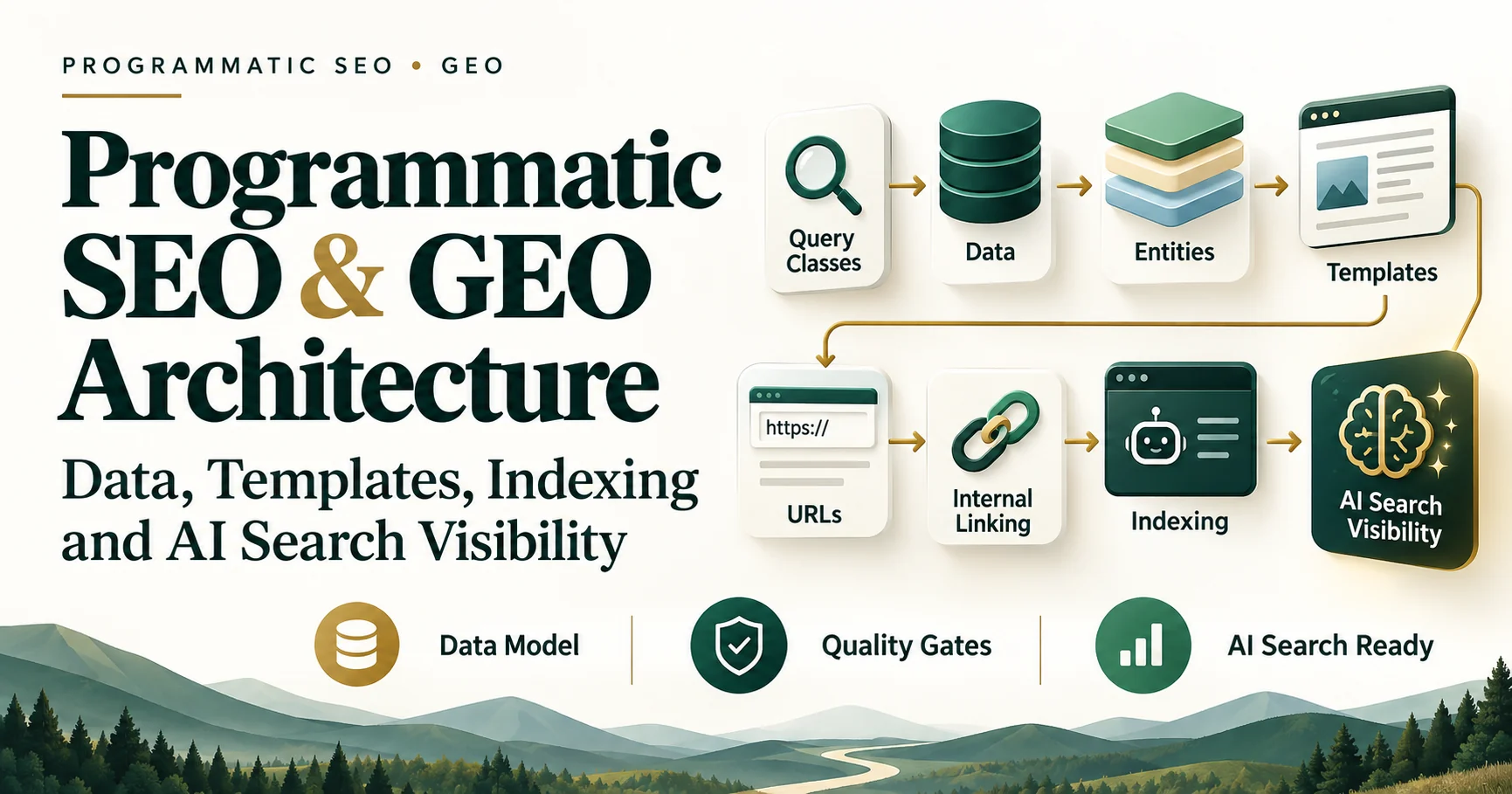 Programmatic SEO and GEO architecture connecting queries, data, entities, templates, URLs, internal links and indexing