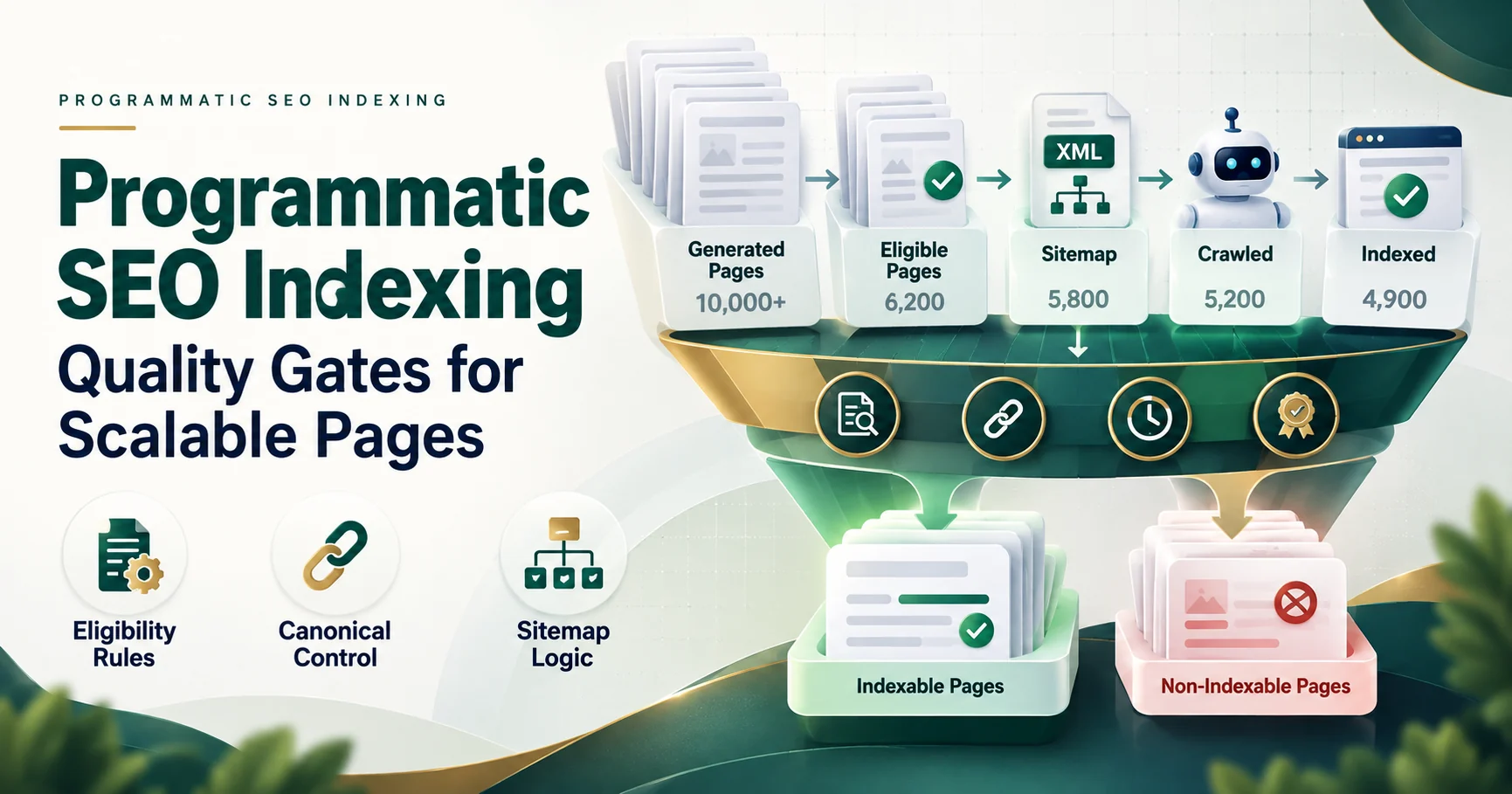 Illustrative programmatic indexing funnel with generated, eligible, submitted, crawled and indexed page stages