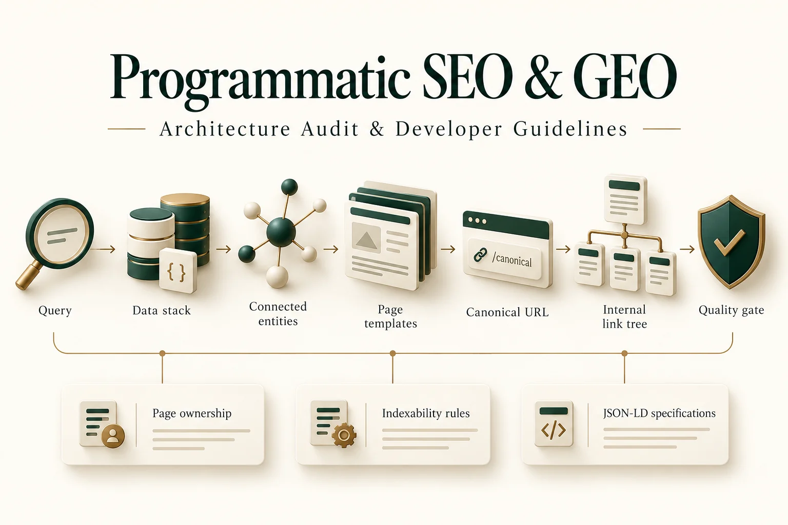 Programmatic SEO and GEO architecture workflow connecting queries, data, templates, URLs and indexing requirements