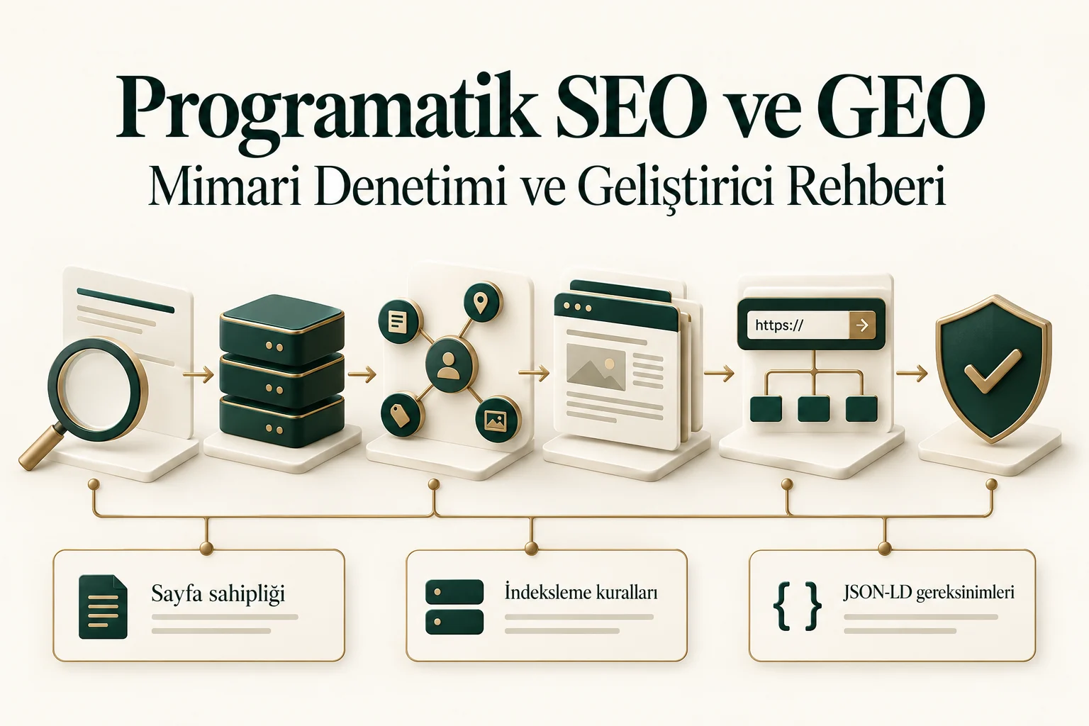 Sorgu, veri, şablon, URL ve indeksleme gereksinimlerini bağlayan Programatik SEO ve GEO mimari akışı