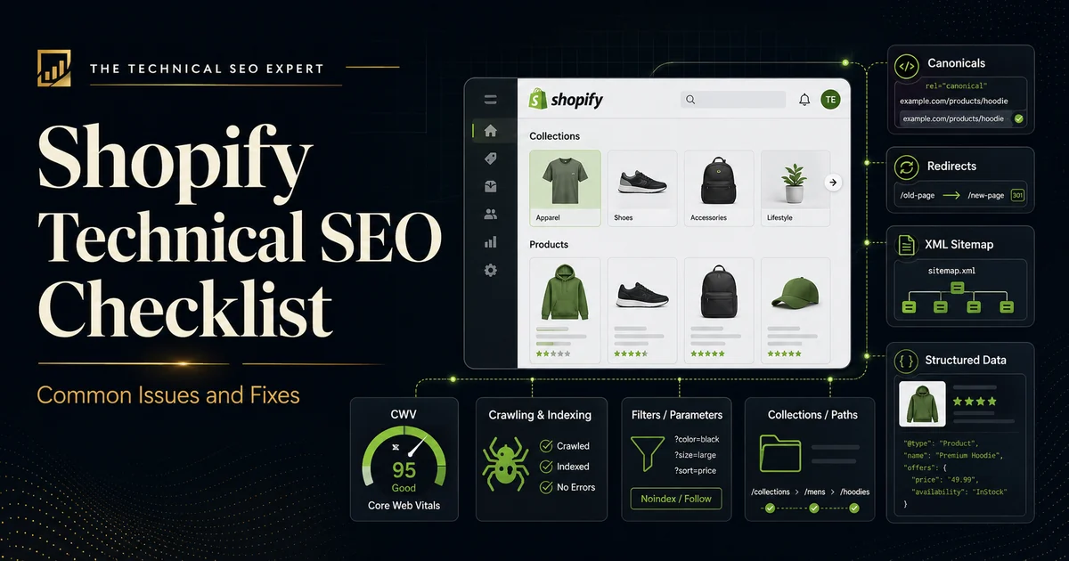 Shopify Technical SEO checklist covering canonicals, redirects, XML sitemaps, structured data, crawlability and performance