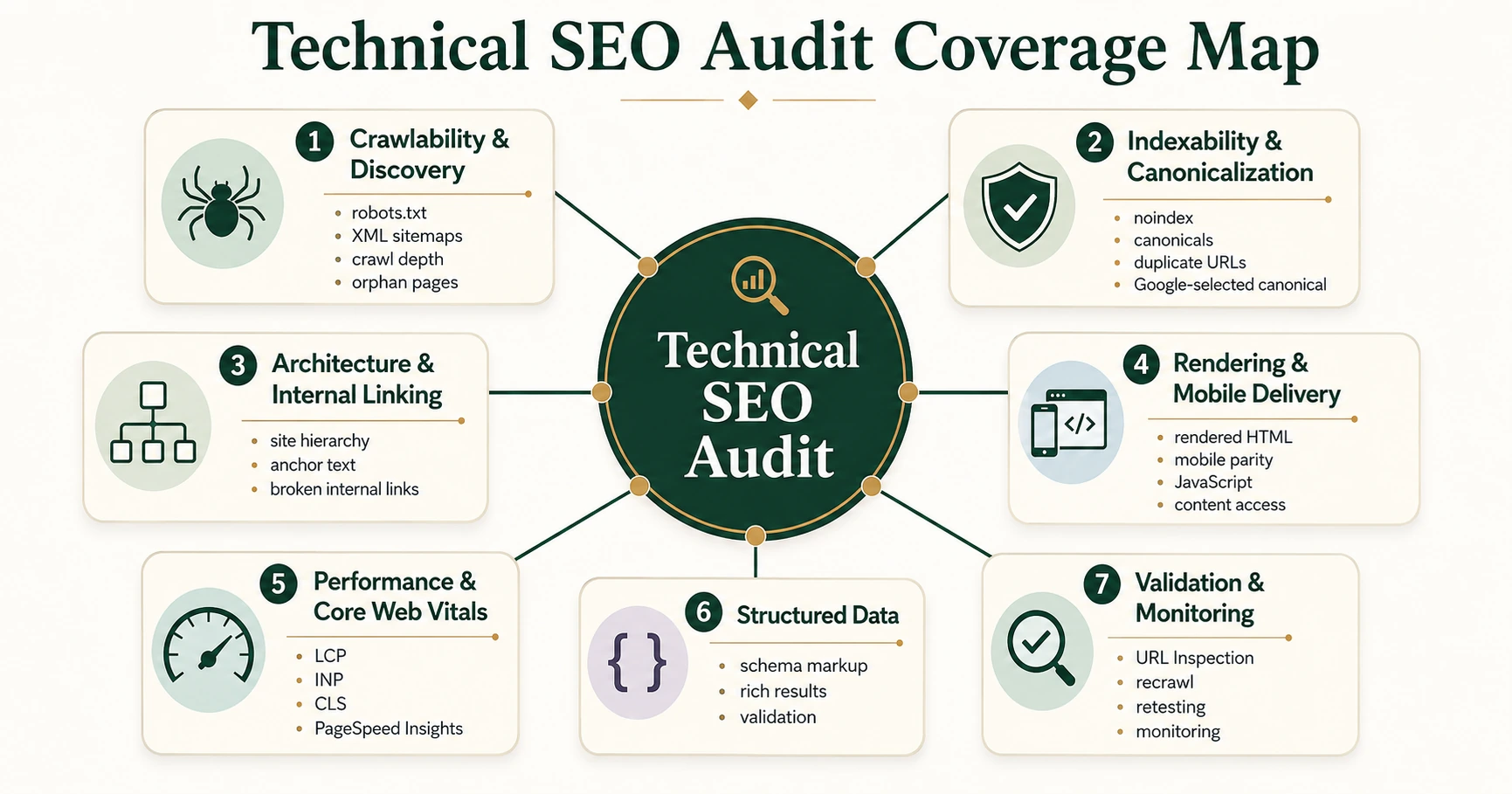 Technical SEO audit coverage map showing crawlability, indexability, architecture, rendering, performance, structured data and validation