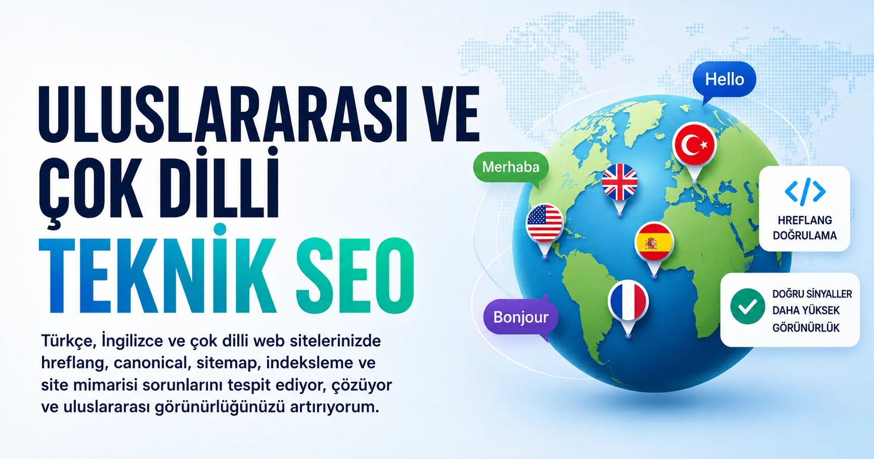 Uluslararası ve çok dilli teknik SEO için hreflang, canonical, sitemap ve dil sürümü hedefleme görseli