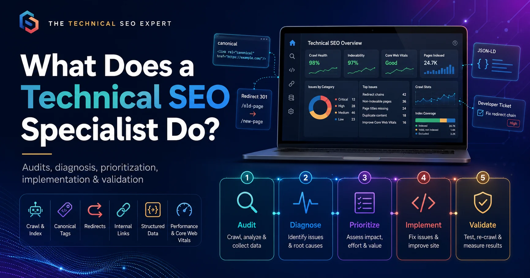 Technical SEO dashboard showing audits, diagnosis, prioritization, implementation, and validation workflow