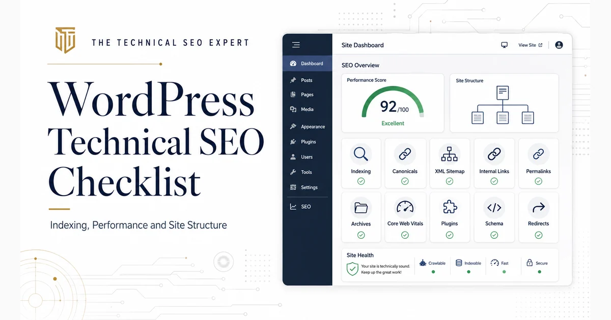 WordPress Technical SEO checklist covering indexing, canonicals, sitemaps, internal links, performance, schema and redirects
